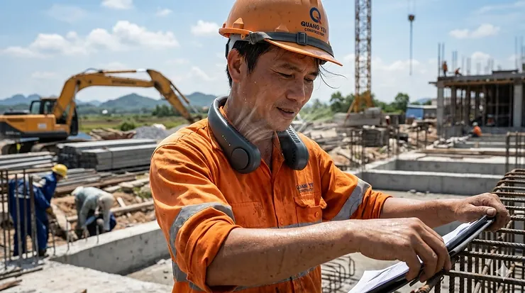 A construction worker wearing a hands-free portable neck fan while working on a sunny outdoor job site. neck fan for outdoor work