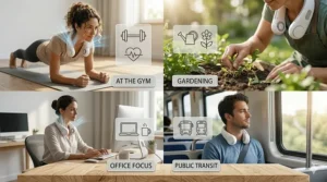 Illustration of various settings where using the best neck fan provides relief, including gardening and working out.