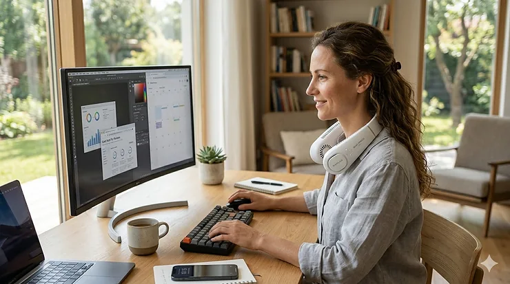 A person wearing a sleek white quiet neck fan while working in a modern office environment.