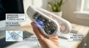 Detailed view of the bladeless air vents on a lightweight neck fan to prevent hair entanglement.