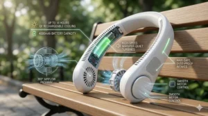 A comprehensive technical breakdown showing the 360-degree airflow pathway, high-speed turbines, and hair-safe intake vents on a park bench.