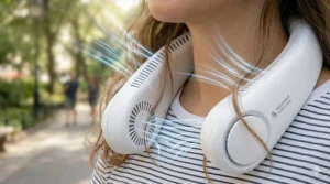 A close-up view of the white bladeless neck fan, showcasing a seamless design with fine-mesh air intake vents that safely prevent hair from getting caught.