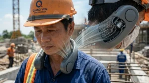 Illustration highlighting the bladeless design of a neck fan to prevent hair or clothing entanglement.