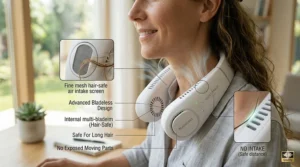 Illustration demonstrating the hair-safe bladeless intake of a quiet neck fan.