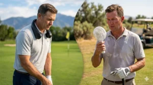 Safety diagram of a bladeless neck fan for golf preventing hair or clothing from getting caught.