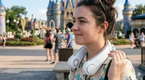 Close-up illustration of a bladeless neck fan design to prevent hair from getting caught during rides.