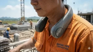 Close-up of a dust-resistant neck fan being used in a rugged outdoor work environment.