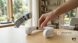 Close-up illustration of the flexible food-grade silicone band on a lightweight quiet neck fan.