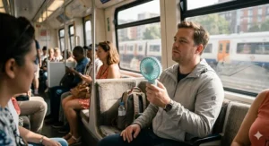 A foldable handheld fan for travel standing upright on a hotel desk next to a leather journal.