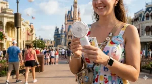 Illustration showing a USB rechargeable handheld fan with a long-lasting battery icon for a full day at Disney.