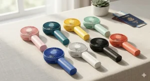 A variety of colorful handheld fans for travel arranged neatly on a table with a passport and boarding pass.