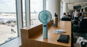 A man holding a mint green handheld fan for travel to stay cool while riding a crowded commuter train.