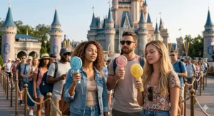 A group of friends using colorful handheld fans for travel while waiting in a sunny queue at a theme park.