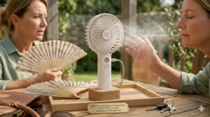 Graphic comparing the airflow efficiency of an electric handheld fan versus a traditional manual paper fan.