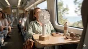 A person using a handheld fan for hot flashes while waiting at a crowded subway station.