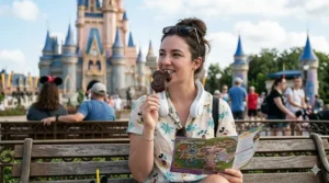 Illustration of a person using a hands-free neck fan while holding snacks and a phone at a theme park.