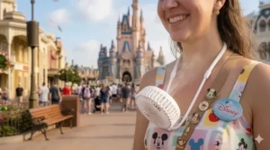 A hands-free wearable neck fan design, ideal for waiting in long Disney attraction queues.