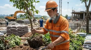 Illustration of a landscaper using a neck fan while mowing a lawn in high heat.