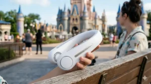 Illustration showing the lightweight, ergonomic curve of a neck fan designed for all-day comfort.