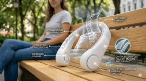 A detailed diagram of a neck fan resting on a park bench, featuring a transparent overlay of the human neck to show ergonomic weight distribution and contoured comfort.