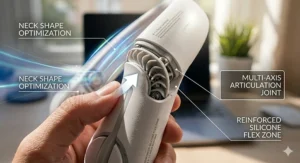 Close-up illustration showing the flexible, ergonomic U-shape of a lightweight neck fan designed for neck comfort.