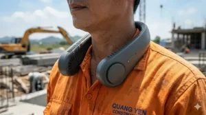 Close-up illustration of a flexible, lightweight neck fan designed for comfortable all-day wear.