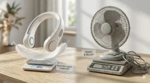 Illustration comparing the lightweight, ergonomic design of portable neck fans for neck comfort.