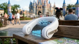 Illustration of a neck fan with a 12-hour battery life indicator, ideal for long days at Disney World.