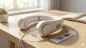 Digital graphic highlighting the long-lasting rechargeable battery life of the best neck fan models.