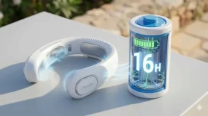 Graphic showing the high-capacity battery life of a portable neck fan with cooling plates.