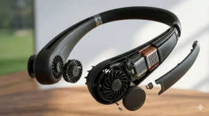 Graphic showing a long-lasting battery indicator for a neck fan capable of lasting an entire 18-hole round of golf.