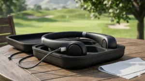 Technical illustration showing the 360-degree cooling airflow of a portable neck fan for golfers.