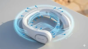 Diagram of a neck fan with cooling plates demonstrating 360-degree vertical airflow for full-face cooling.