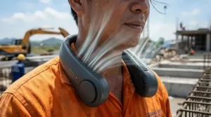 Diagram showing 360-degree airflow from a bladeless neck fan for consistent cooling.