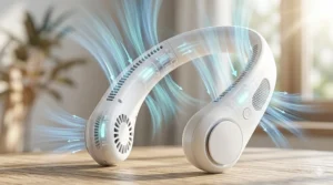 Technical illustration showing the 360-degree cooling airflow design of a top-rated neck fan.