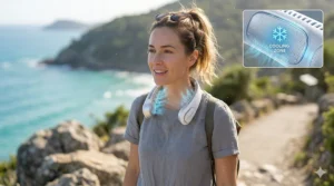 Illustration of a hiker staying cool in the sun using a hands-free neck fan with cooling plates.