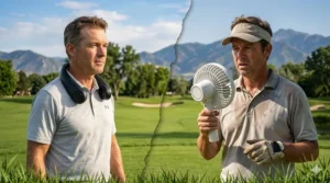 Comparison chart showing the benefits of a hands-free neck fan versus a handheld fan for golfers.