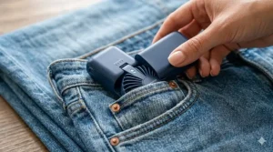 A demonstration of how pocket size folded fans easily fit into a small travel bag or pocket.