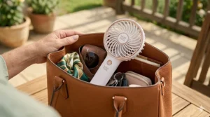 A compact, foldable handheld fan for hot flashes tucked into a woman’s stylish handbag.