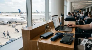 A compact pink handheld fan for travel fitting easily into a small crossbody bag.