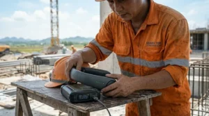 Illustration of a neck fan charging via a portable power bank at an outdoor workstation.