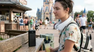 A portable neck fan connected to a portable power bank, showing ease of charging in theme parks.