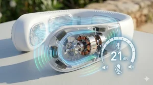 Infographic highlighting the ultra-quiet brushless motor inside a wearable cooling plate fan.