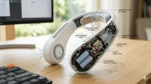 Technical illustration showing the internal brushless motor of a quiet neck fan designed for noise reduction.