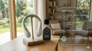 Comparison chart showing the low decibel levels of a quiet neck fan versus standard portable fans.