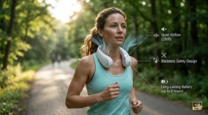 A runner using a hands-free quiet neck fan to stay cool during a morning workout.