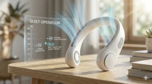 Infographic showing the low decibel noise levels of the best neck fan for office use.
