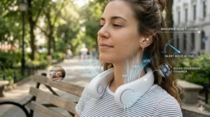 A lifestyle illustration highlighting whisper-quiet operation under 25dB with a sound-dampening chamber and silent mode activation.