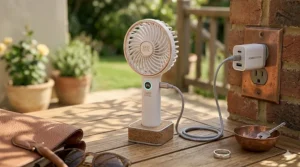 Illustration of a USB cable charging a battery-operated handheld fan for long-lasting cooling.