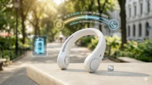 An infographic-style image showing a bladeless neck fan with digital overlays highlighting a 4000mAh battery and up to 16 hours of cooling.